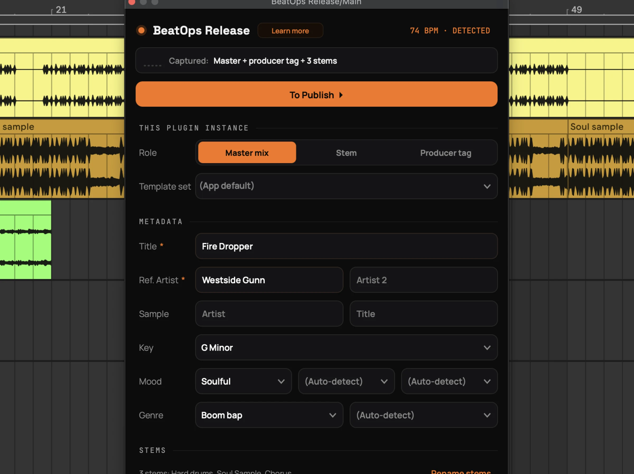 BeatOps Release running on the master bus in Ableton Live, showing Export detected with the title, BPM, key and captured stems already filled in.